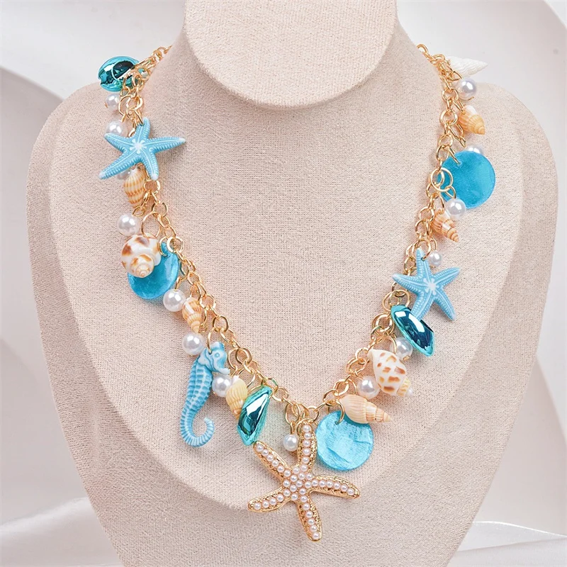 Urlaub Strand Charm Halsketten für Frauen Trendy Blau Seestern Shell Anhänger Halsketten Handgemachte Böhmen Perlen Kette Schmuck – Detail 4