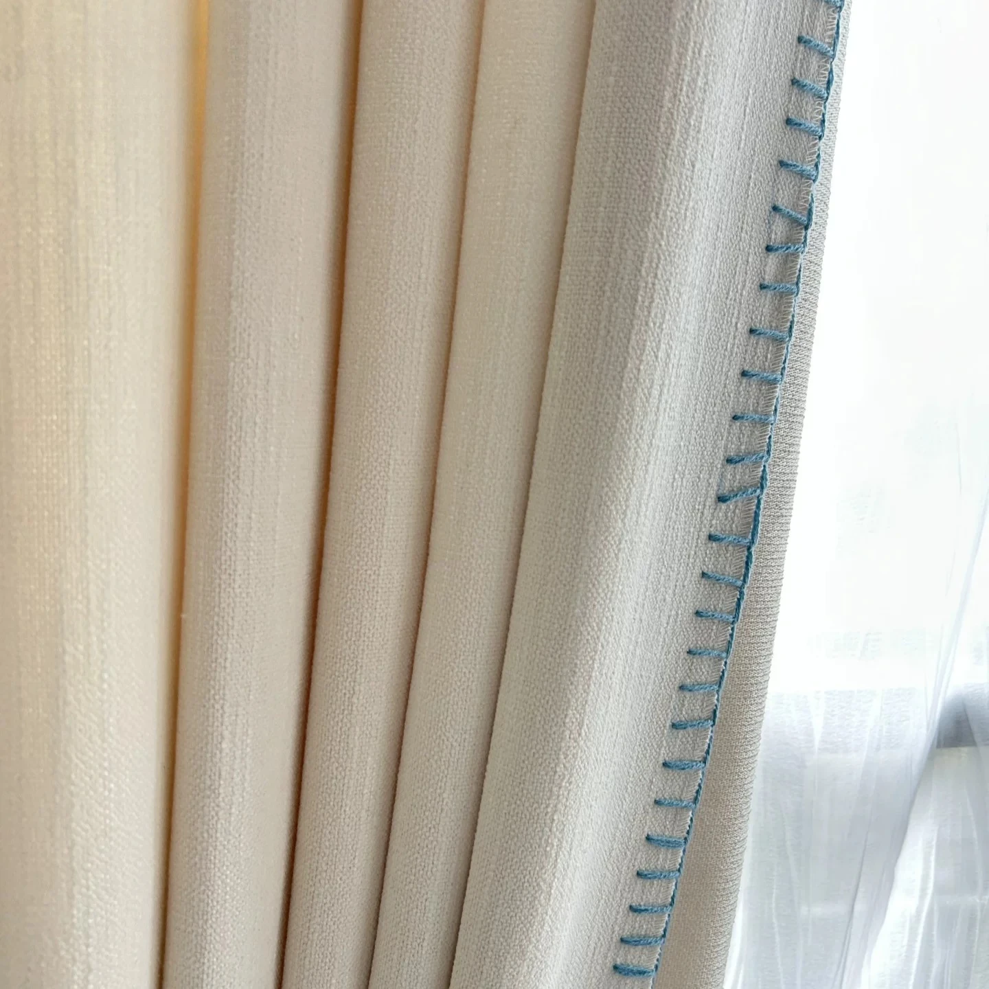 Cotton and Linen Hand Sewn Blue Woven Beige Thick Curtains for Living Room Bedroom Study Partition Curtains Finished Product