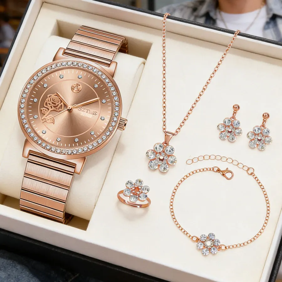 

Korean Style Women's Watch Diamond Embedded Rose Shape Dial Stainless Steel Band Five Piece Set Versatile Accessory