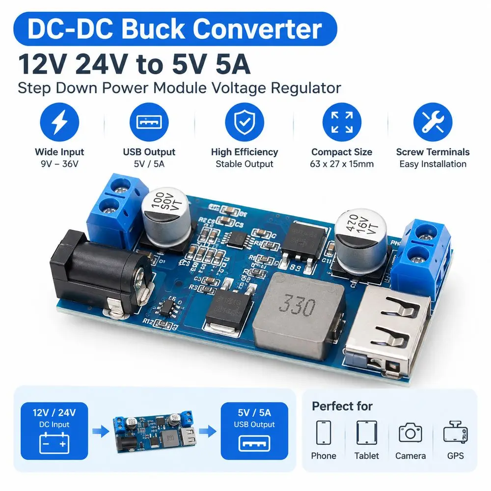 12V 24V to 5V Buck Converter Compact 5A Output DC-DC Step Down Module Voltage Regulator Overheat Protection Power Supply Module