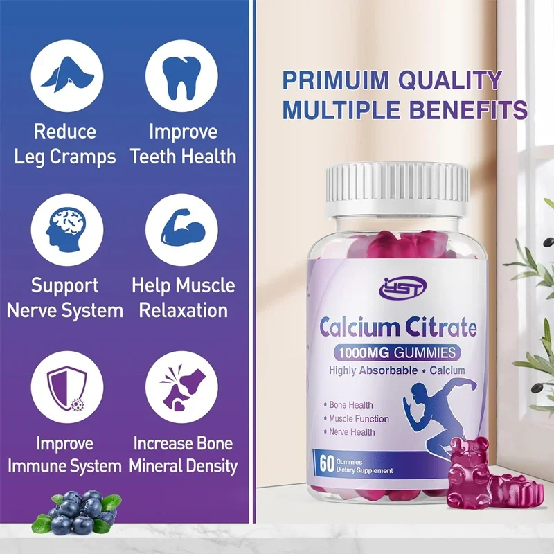 Calcium citrate gummies for bones, muscles, and immune support, blueberries, 60 pills