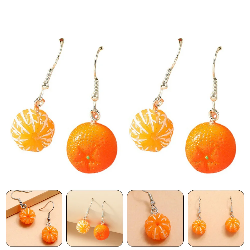 2 Pairs Orange Earrings Resin Fruit Oranges Shaped Dangle Mandarin Simulated Jewelry Modeling