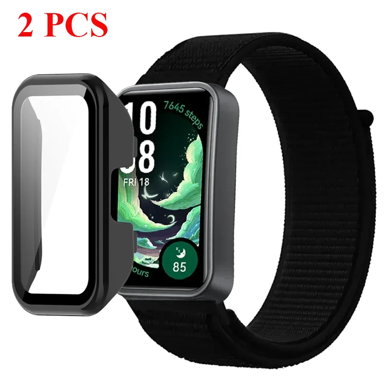 حافظة كمبيوتر + حزام من النايلون لهاتف هواوي باند 10 HD غطاء حماية من الزجاج المقسى + سوار مريح للتنفس هواوي باند 9 8 كوريا