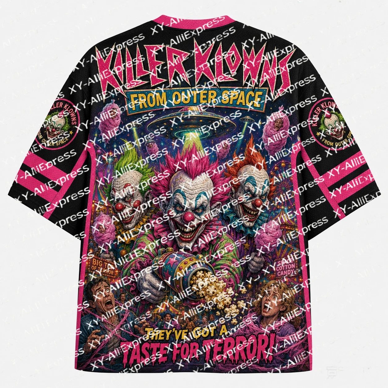Retro Colorful Print Jersey, Vibrant Hues, Multiple Clown Figures with UFO & Starry Sky, Fantastic Art for Print Collectors.