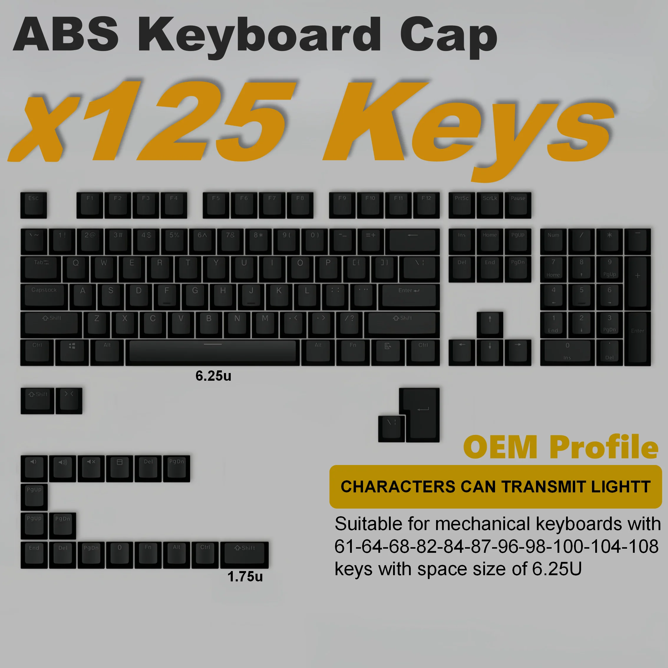 125 Keys Universal ABS Keycaps OEM Profile Double-shot Legends Keycap Set for Mx Cherry Gateron Switch Mechanical Keyboard Kit