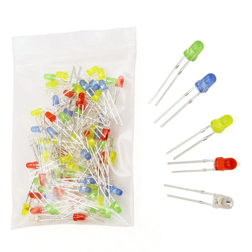 100PCS 3mm Light Emitting Diode LED ลูกปัดสีเขียวสดใสสีเหลืองสีฟ้าสีขาวสีแดง LED โคมไฟลูกปัด Light Emitting Diode หลอดไฟ LED เครื่องมือ
