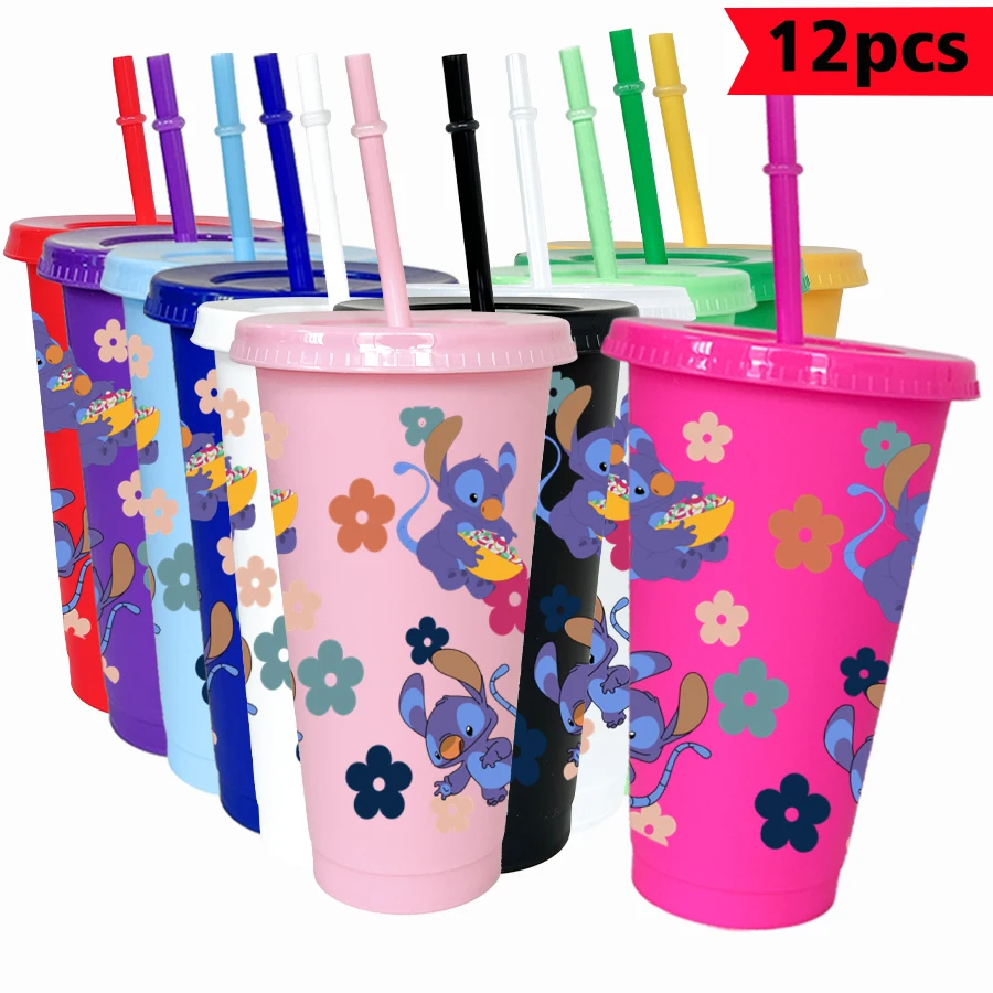 

12 шт./лот Disney Stitch цветы 26 унций красочный пластиковый стакан для дня рождения, посуда для напитков, сока, кофейная чашка
