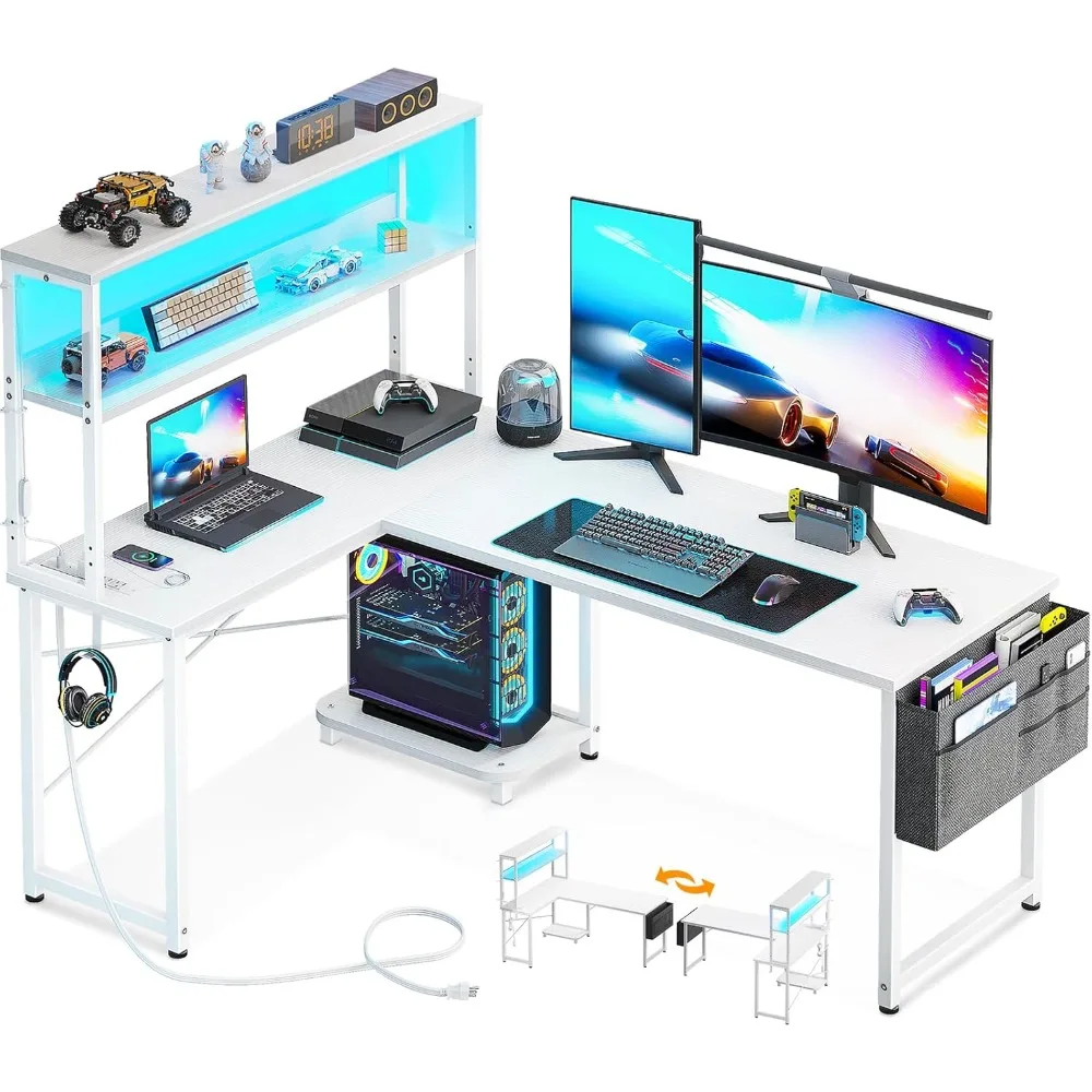 

L Shaped Desk Gaming Desk with LED Light & Power Outlet, 53 Inch Reversible L Shaped Computer Table with Shelf, Corner Desk wit