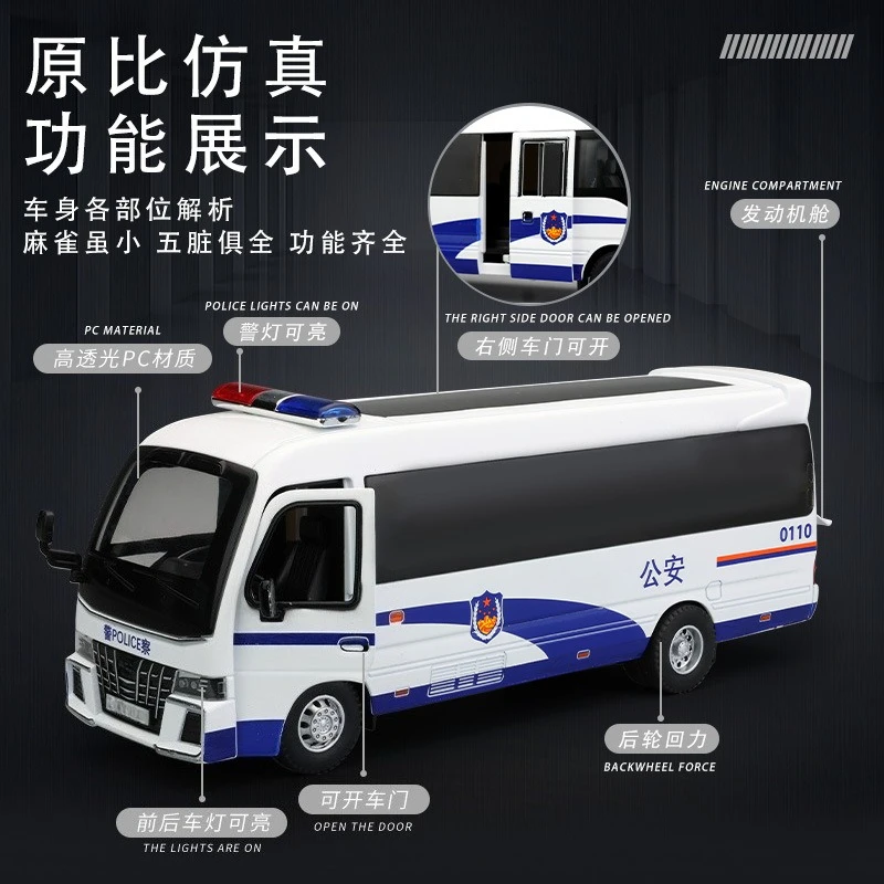 1:32 Coaster Police Bus Alloy Car Diecast Sound Light Model Car Toy Simulation Metal Business Bus Vehicle Toys For Gifts
