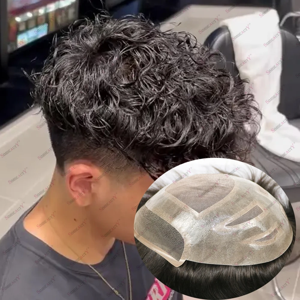 

Вьющиеся человеческие волосы, дышащие мужские парики Versalite, легко носить # 1 # 1B Черные человеческие волосы Реми Индийский парик 20 мм 22 мм 26 мм Прически