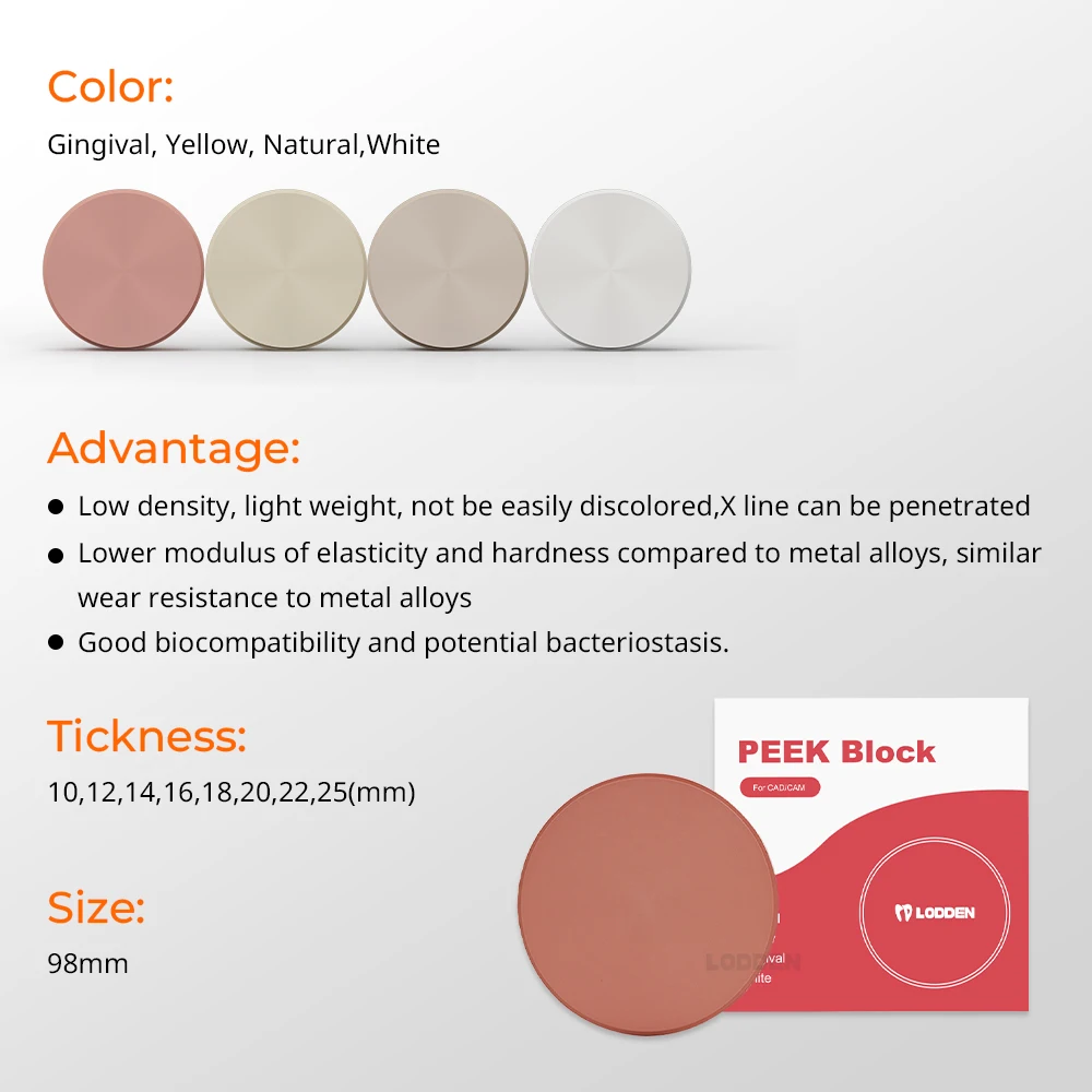 Lodden Dental Peek Disc Block 98*12-25MM Thicknes for CAD CAM Removable Denture Material PEEK Disc Fixed Prosthesis Restorations
