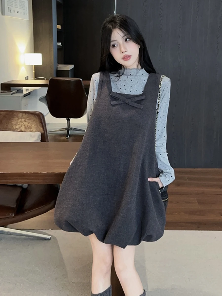 Chic Preppy Style Autumn Winter Outfit Korean Rich Girl Dress Set with Bow Tie Square Collar Vest And Dress Elegant Fashionable