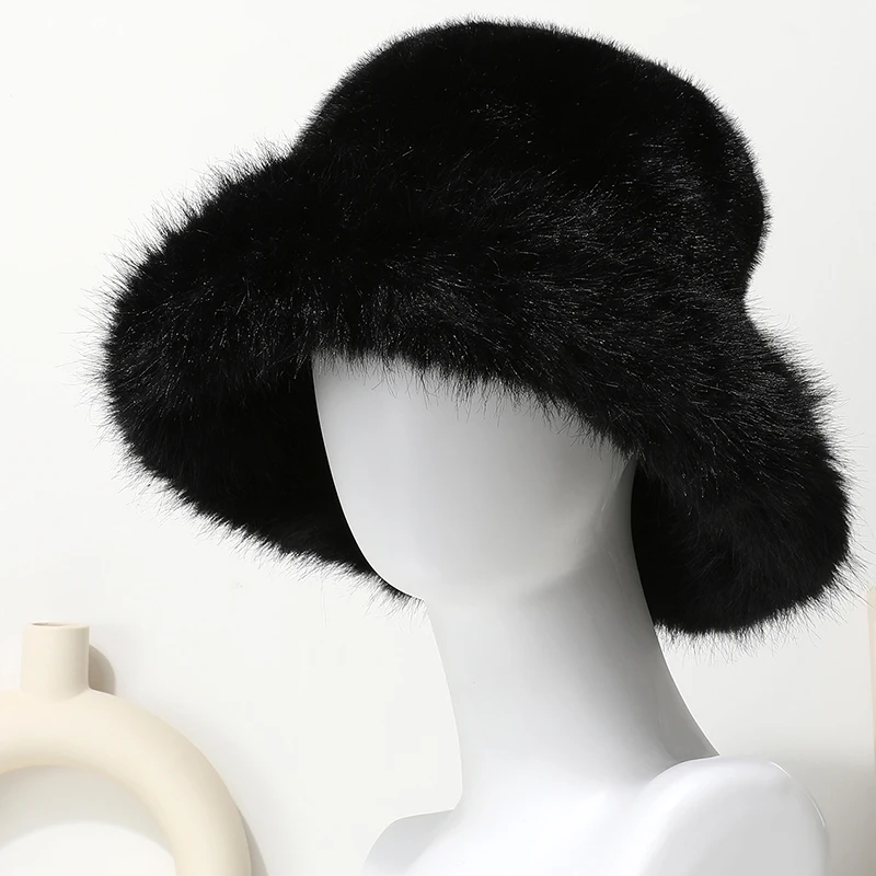 Große Faux Pelz Eimer Hut für Frauen Dicke Plüsch Warme Schöne Flauschigen Winter Hut Dame Luxus Mode Pelzigen Panama Fischer Kappe – Detail 3
