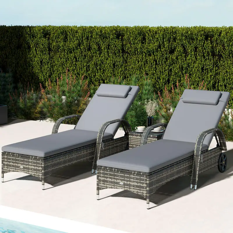 Patio Wicker Chaise Lounge Chair Set of 2 with Table, Adjustable Backrest, Wheels, Cushion & Headrest, Gray