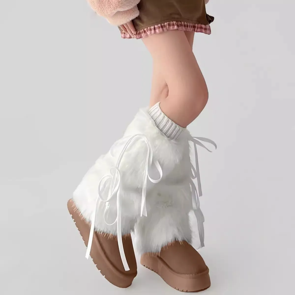 Y2k Faux Fur Leg Warmers Women Lace‑up Bow Furry Leg Warmers Winter Shopping Coquette Boot Cuffs Kawaii Street Snap Leg Covers
