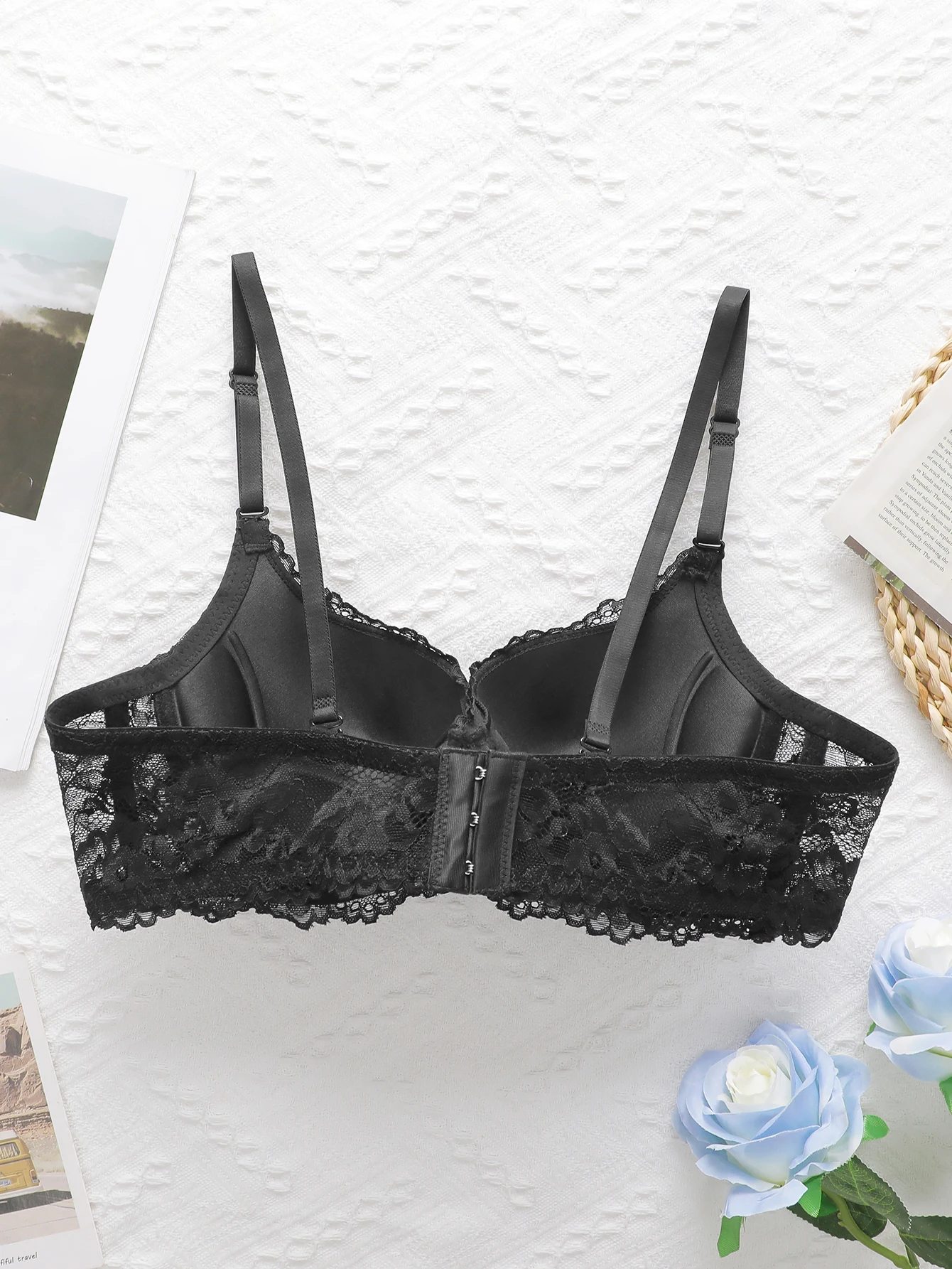 Black lace ribbon steel support bra sexy lingerie with padding gathering pull up women's underwear B6097