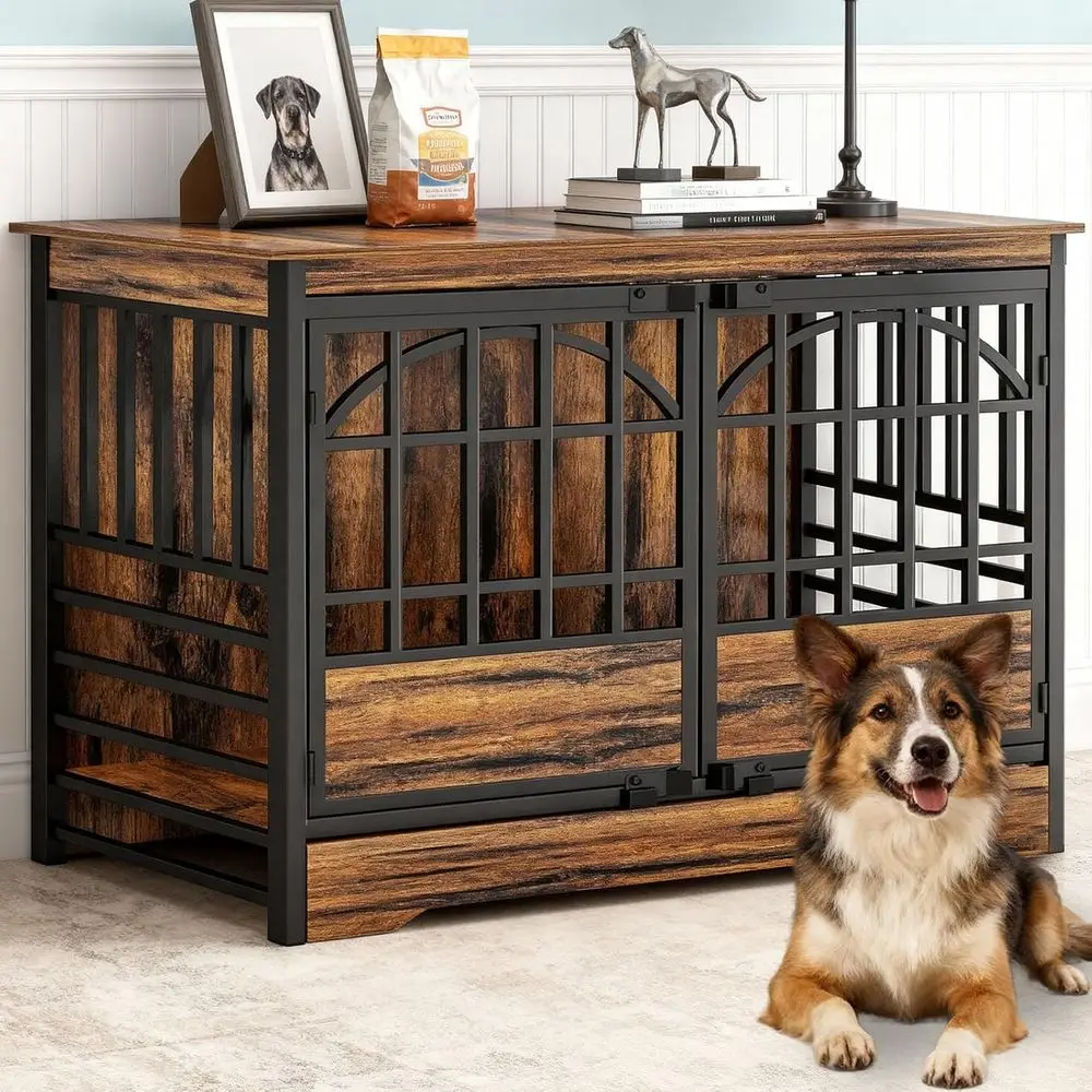 

52 Extra Large Dog Crate Furniture, Indoor Heavy Duty Kennel for XL Breeds, Elegant Arched Door, Multipurpose as TV Stand & End