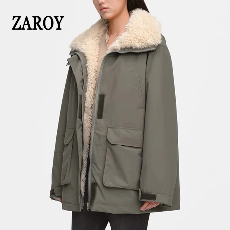 ZAROY Women's Winter Jacket Snow Wear Casual Loose Fur Lapel Zipper Coat Warm Lamb Fur Parka Outerwear куртка женска