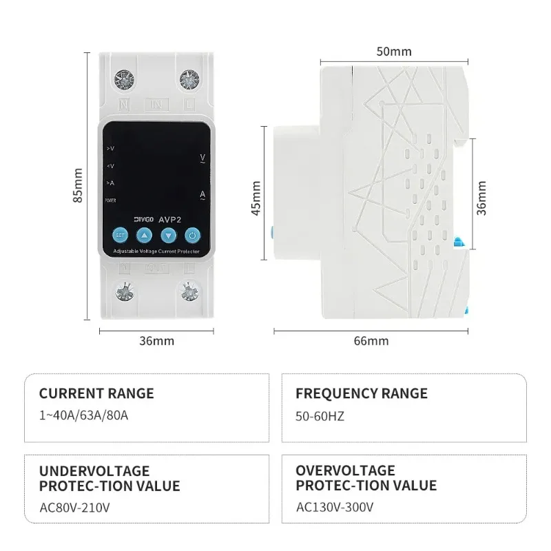 Din Rail Adjustable Over & Under Voltage Protection Device 40A 63A 80A 220VAC Digital Voltage Protector