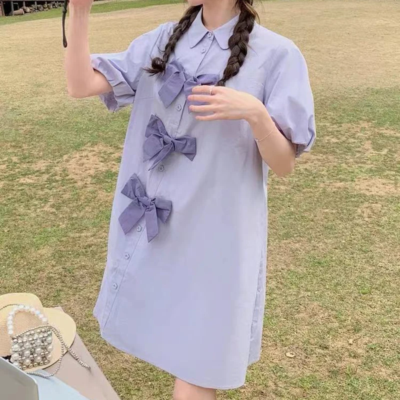 대조적인 나비넥타이 셔츠 드레스 여성 의류 빈티지 드레스 루즈핏 여름 웨딩 드레스 여성용