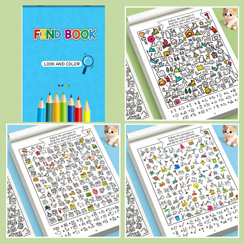Interaktives Mal-Suchbuch mit 32 Seiten für Kinder – Look, Find & Color ab 1000 Grafiken, pädagogischer Puzzlespaß – Detail 1