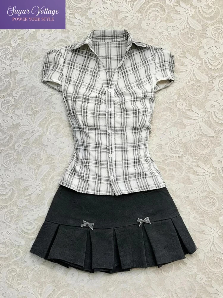 

Korean Preppy 2 Piece Set Women Slim Fit Plaid Waist Cinched Short Sleeve Shirt + Dark Gray Bow Pleated Mini Skirt Sweet Outfit