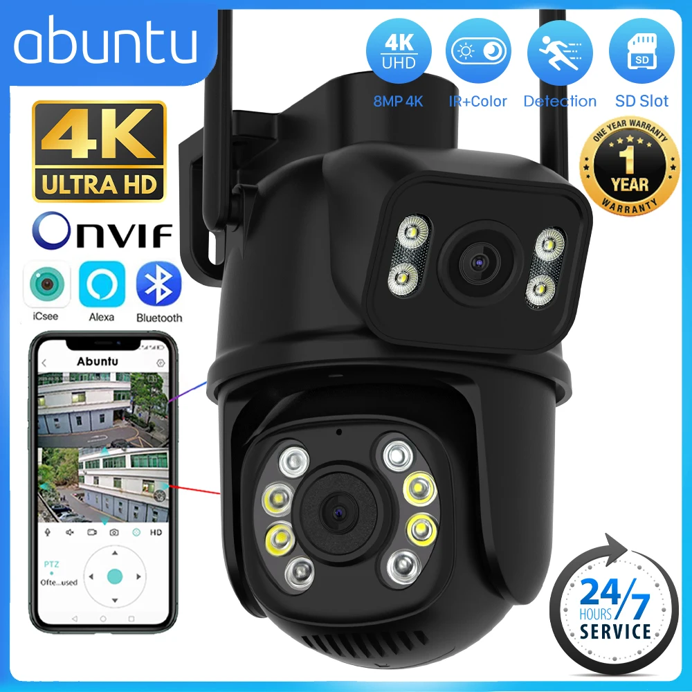 

ABUNTU 8MP 4K PTZ Wifi Camera Outdoor Security Protection Dual Lens Surveillance Camera Audio IP Camera Night Vision ICSEE APP