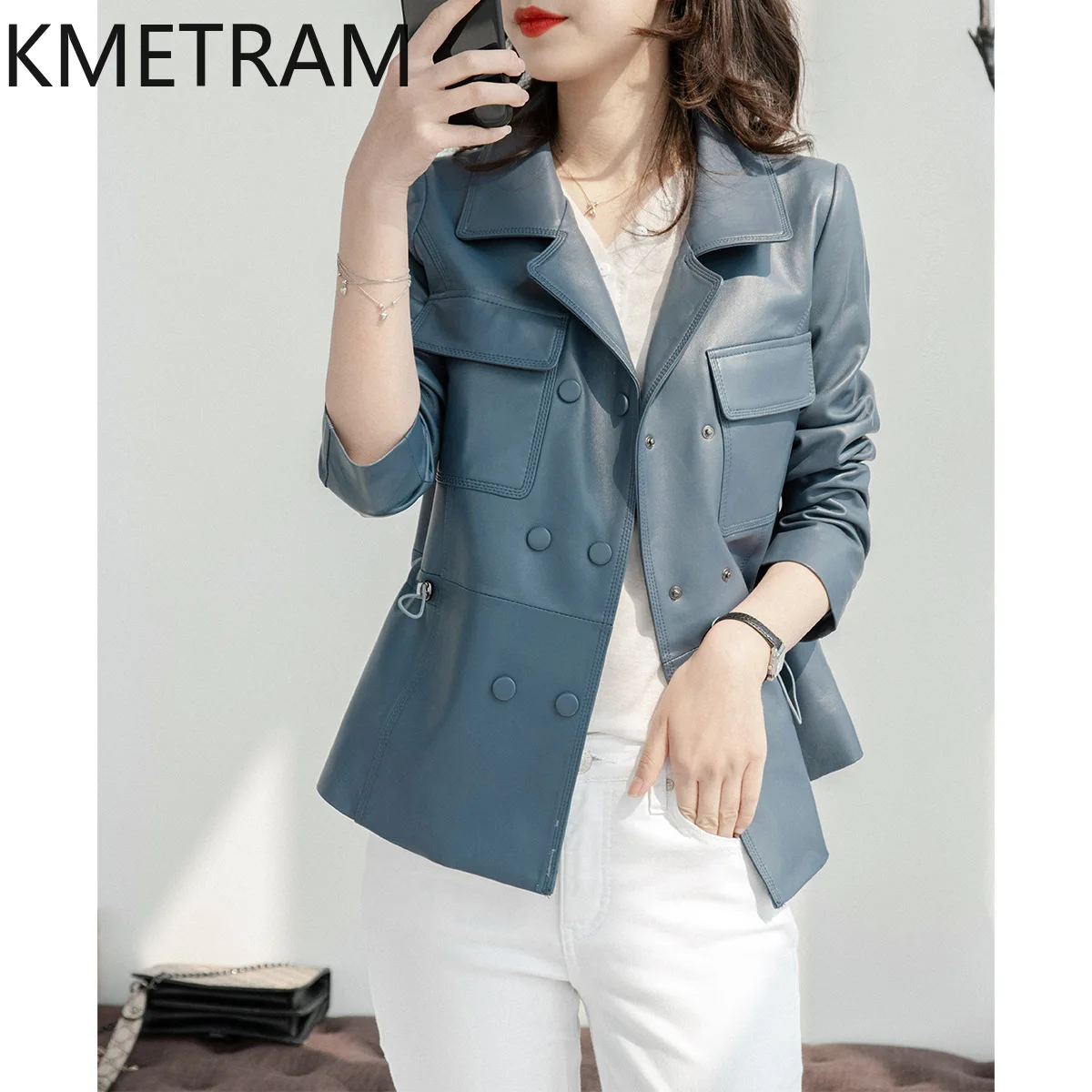 KMETRAM Real Sheepskin Leather Jacket Woman Waist Drawstring Blazer Coat Fashion Short Jackets 2026 Autumn Women Clothing casaco