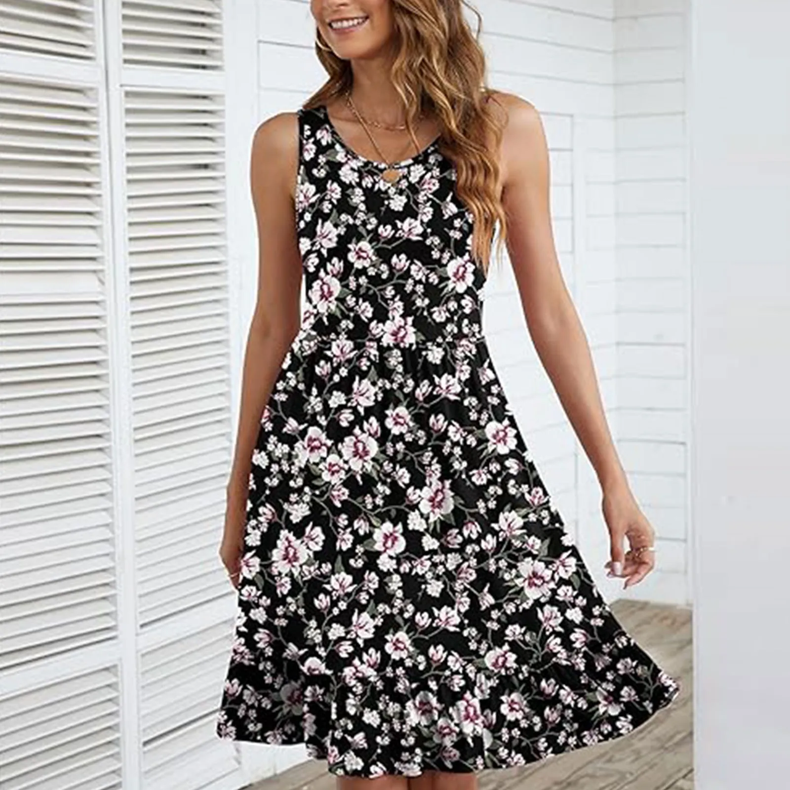 

Women's Summer Beach Floral Mini Dress Round Neck Sleeveless Dresses New Casual Holiday Sundress Beachwear Short Dress Vestidos