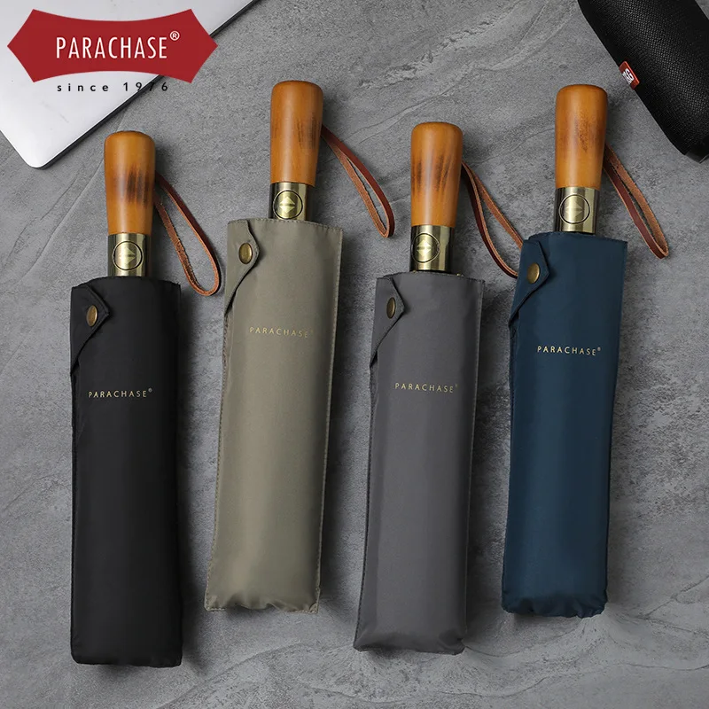 PARACHASE fake double-layer automatic umbrella glass fiber wind-resistant heavy rain umbrella double simple solid wood