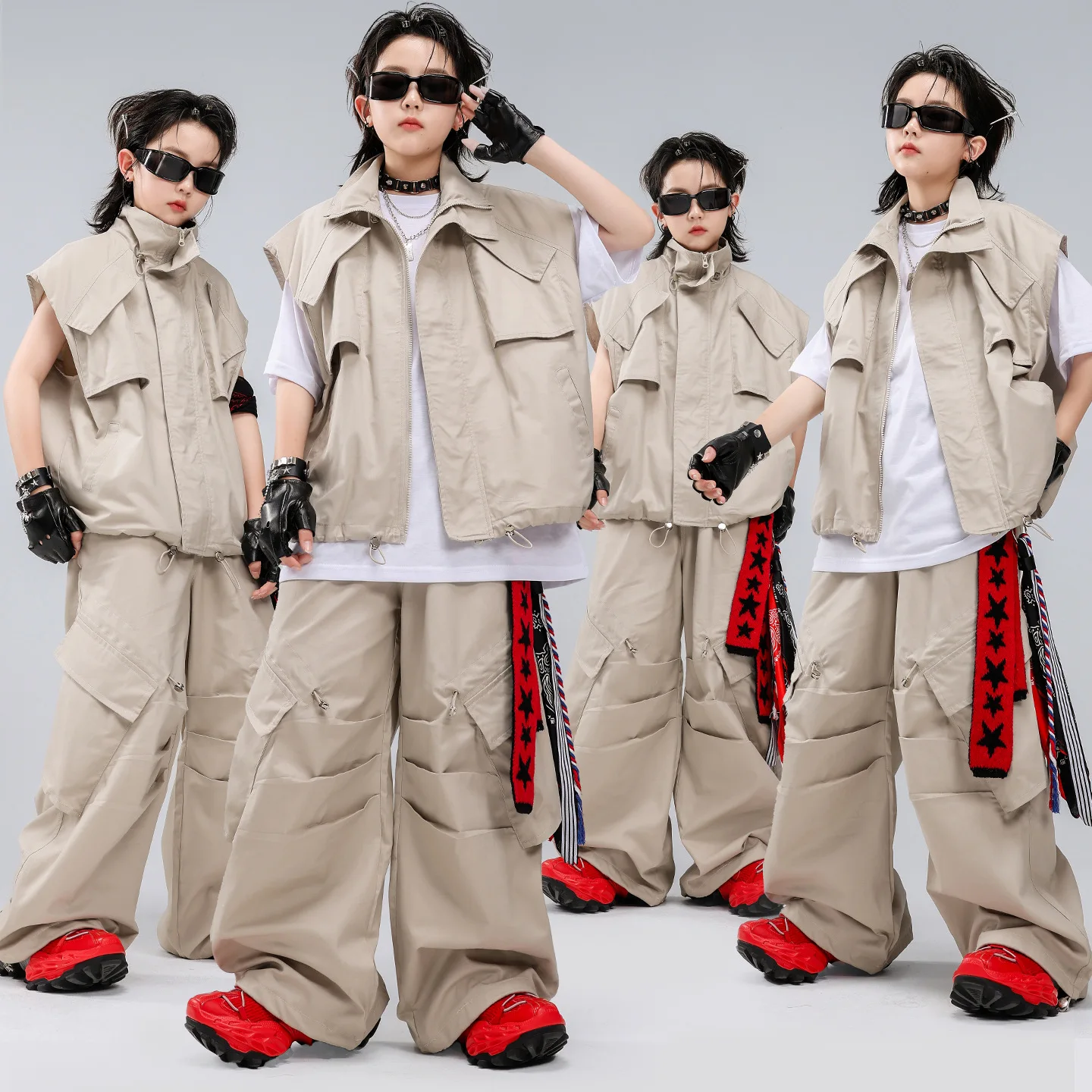 New Boys Hip Hop Dance Costume Gray Vest T Shirt Cargo Pants Set Cool Street Dance Performance Clothing Long Sleeves Drum Outfit