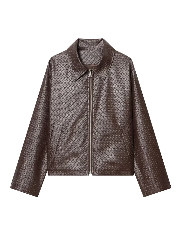 

HH Women Casual Solid Skin Striae Long Sleeve Turn-Down Collar Zipper Woven Short Autumn Jacket Women Fashion Pockets Coats