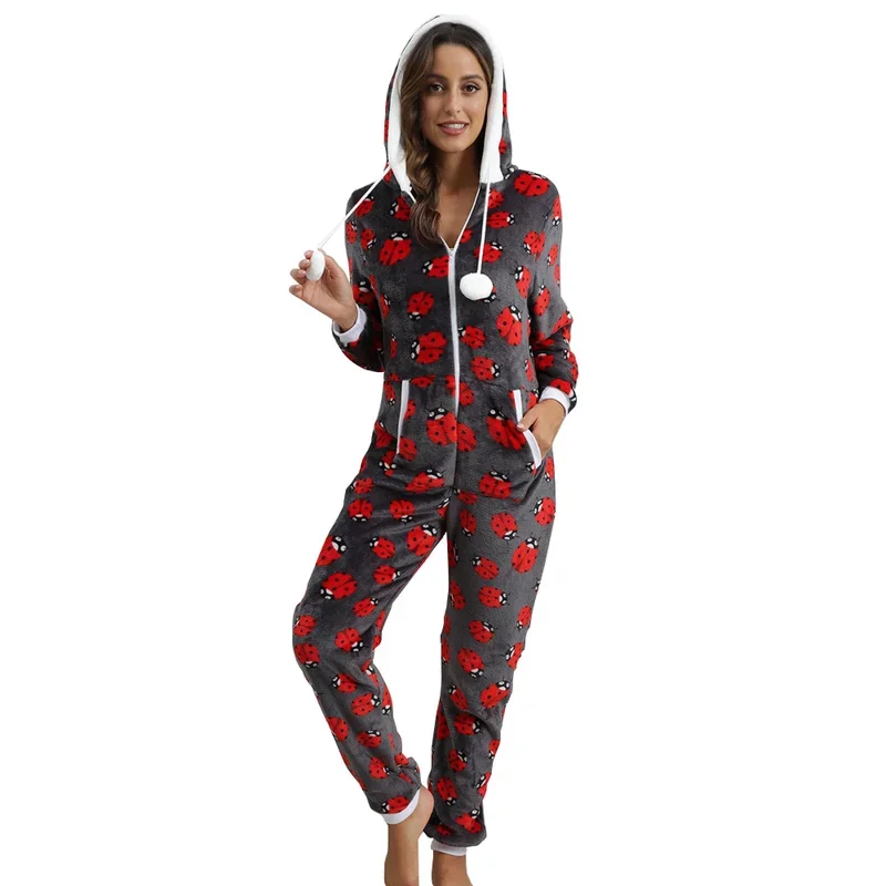 Caldo pigiama di flanella da donna Natale stampa animalier tuta adulti inverno con cappuccio con scollo a V tutina femminile pigiama con cerniera indumenti da notte