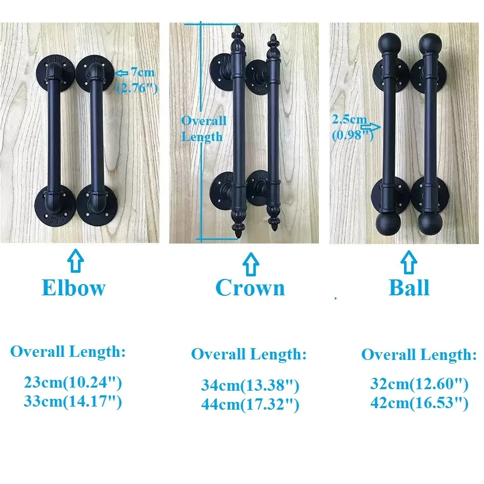 1Pc Black Iron Water Pipe Industrial Barn Door Handle Pull Vintage Grab Bar Decorative Ball Crown Finial