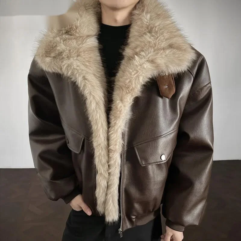 Autumn Winter New Fur Collar Patchwork Leather Jacket Men's Fashion Warm Pocket Zipper Cardigan Cotton Coat 2P24V