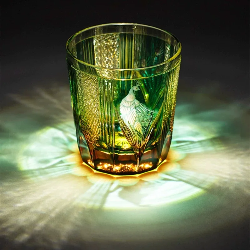 Exquisite Handmade Edo Kiriko Crystal Glass Amber Blue Color Peacock Pattern Whisky Glass Couple Drinking Cup With Gift Box