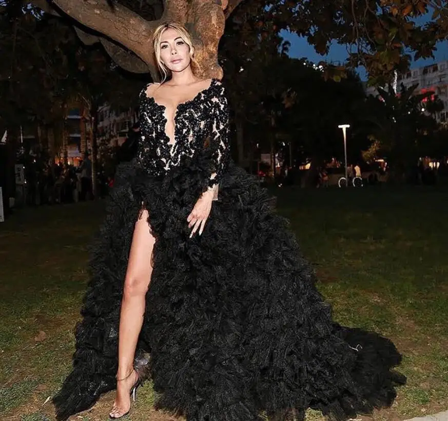 Saudi Arabic Black Evening Dresses Luxury 2024 Long Sleeves Beads Ruffle High Split Prom Paryty Gown for Special Occasions