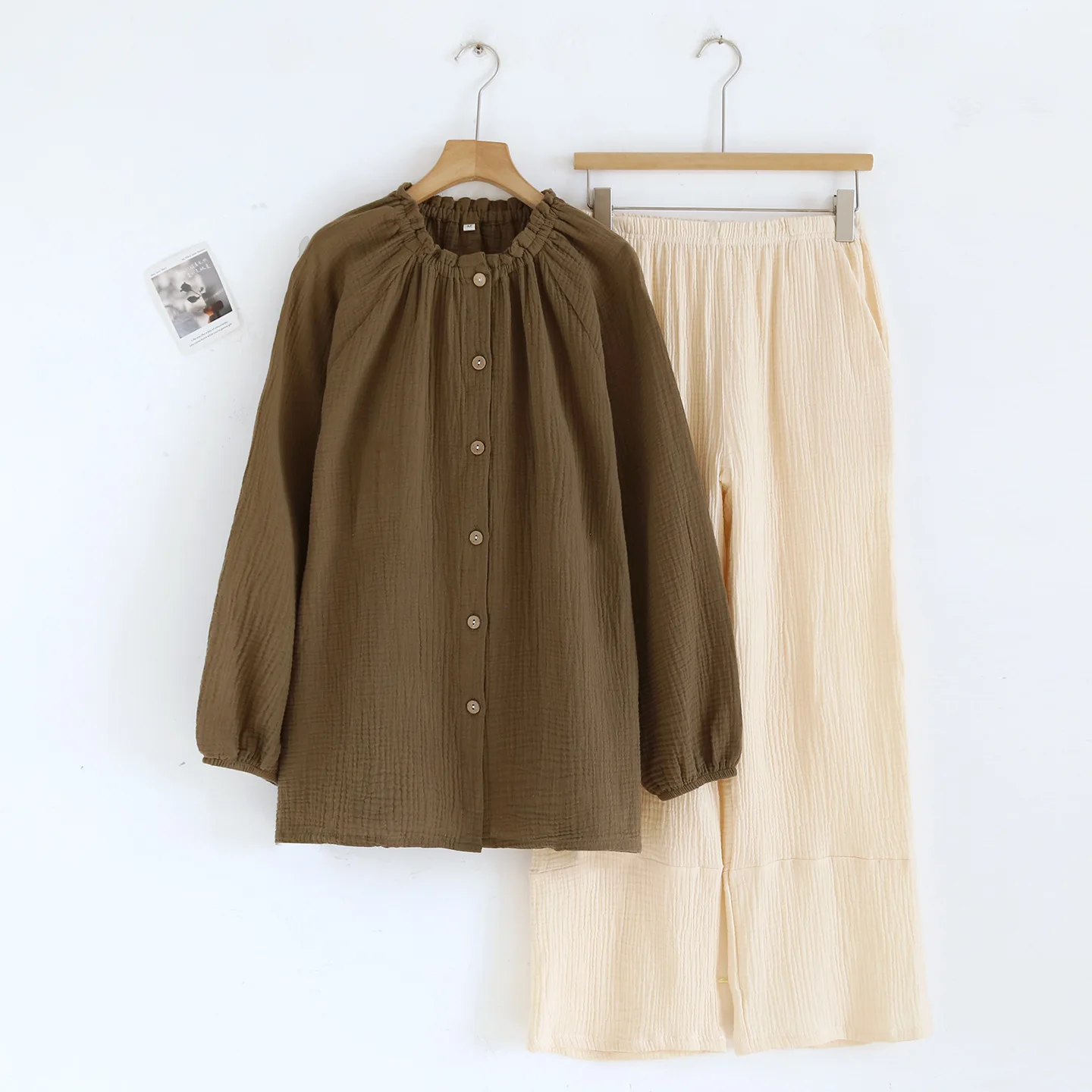 Summer Cotton Gauze Women's Simple Brown Long Sleeve Shirt Green Pants  Pajamas Two Piece Set