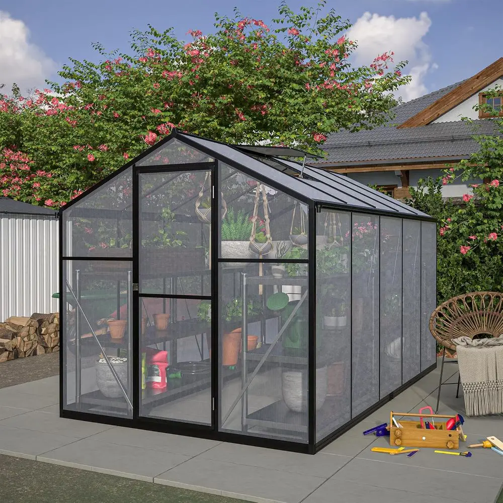 10x6 T-Shaped Polyethylene Walk-in Greenhouse Kit for Outdoor Gardening with Hinged Door, Ventilation, and Rain Gutter