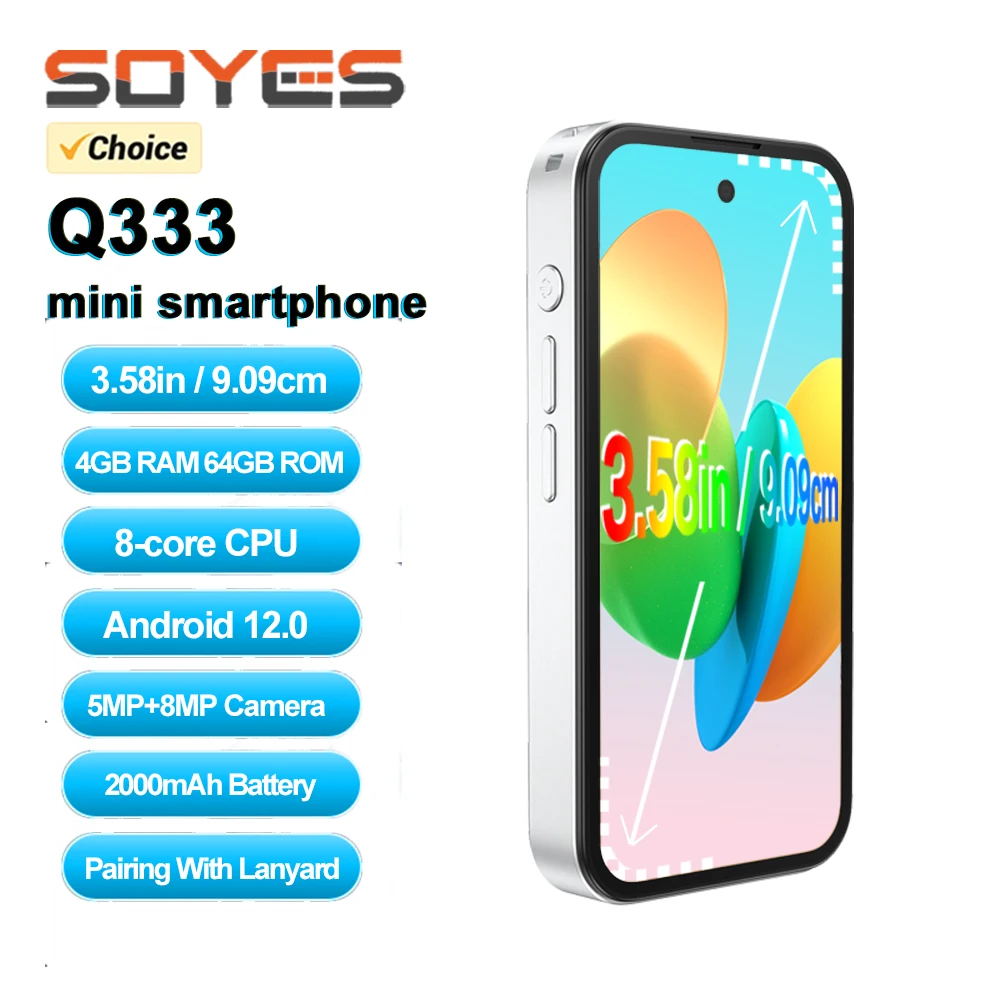 SOYES Q333 Mini Smartphone 4GB RAM 64GB ROM 3.58‘’ Display 8-Core Android 12.0 Face Unlock 2000mAh 4G LTE Type-C OTG Small Phone