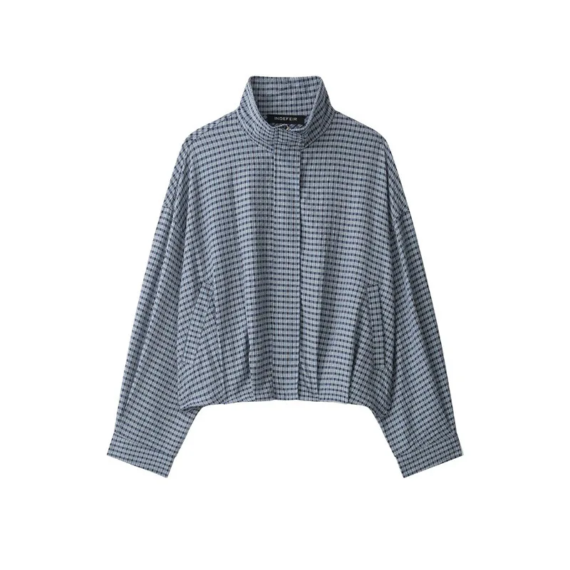 NINE ZAR Women's Loose Plaid Pilot Jacket Coat Stand Collar Zipper Decorated Short Outerwear Long Sleeve Checkered Women's Coat