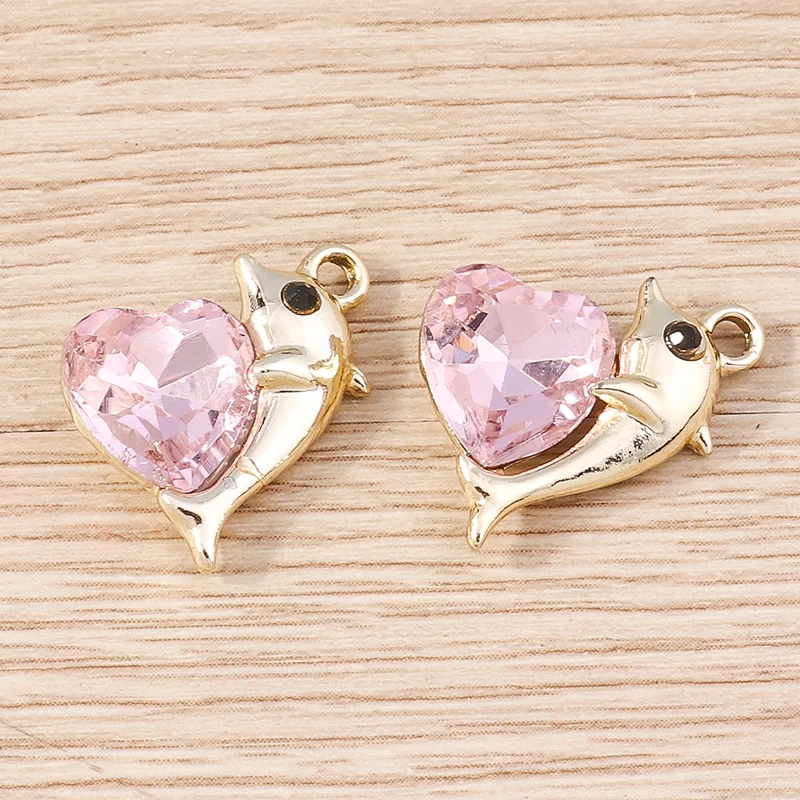 Tusember, 10 Stück, goldfarbene Kristall-Herz- und Delfin-Anhänger zum Basteln von Schmuck, für DIY-Projekte, zum Herstellen von Halsketten, Armbändern und Ohrringen. – Detail 5