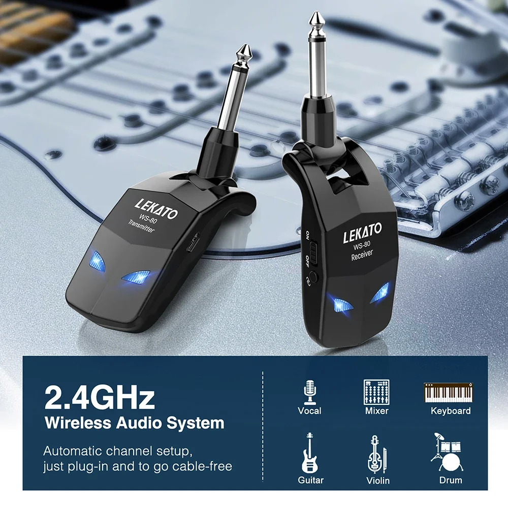 Lekato 2.4G Wireless Guitar System - Zero Latency Transmitter/receiver Kit for Electric/bass, 100Ft Range, 5H Battery