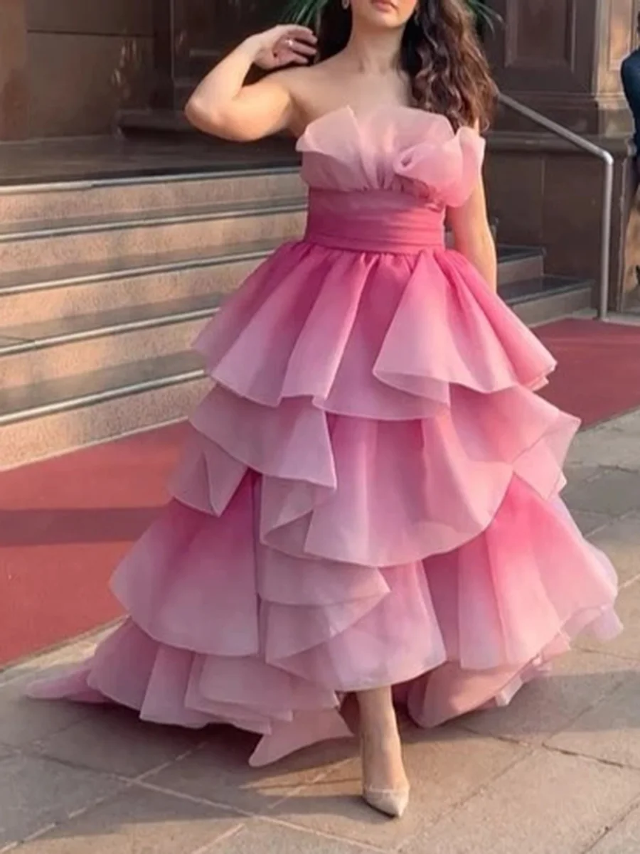 

Fashion Layered Pink Natural A-Line Tea-length Organza Off Shoulder Formal Evening Prom Dresses Long Bridal Gowns For Women