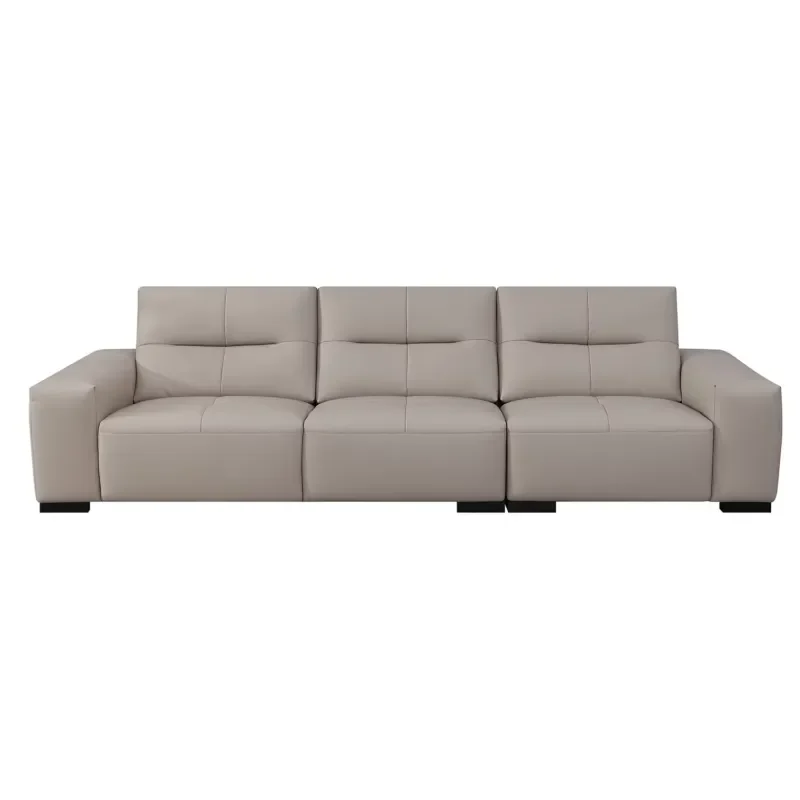Modern Beige Grey Leather 3 Seater Straight Sofa Square Armrests Cross Stitch Cushions for Apartment Hotel Living Room