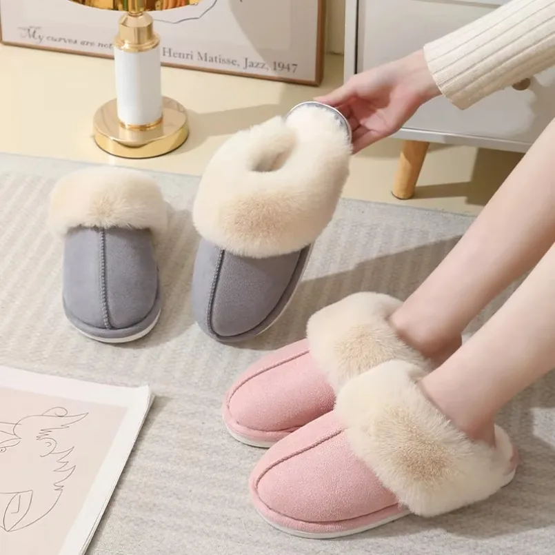 Women Slipper Home Winter Warm Fuzzy Fur Plush Non Slip Indoor Female Man Male Lazy Footwear Bedroom House Room Shoe Grip Flat