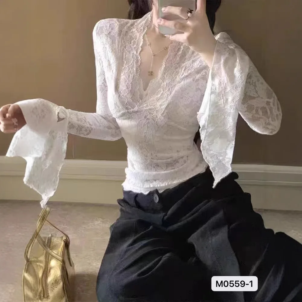 See Through Sexy T-Shirts Fashion Women Flare Long Sleeve Summer Lace Beauty Crop Tops Casual Streetwear V-Neck Chic Tees Wh3