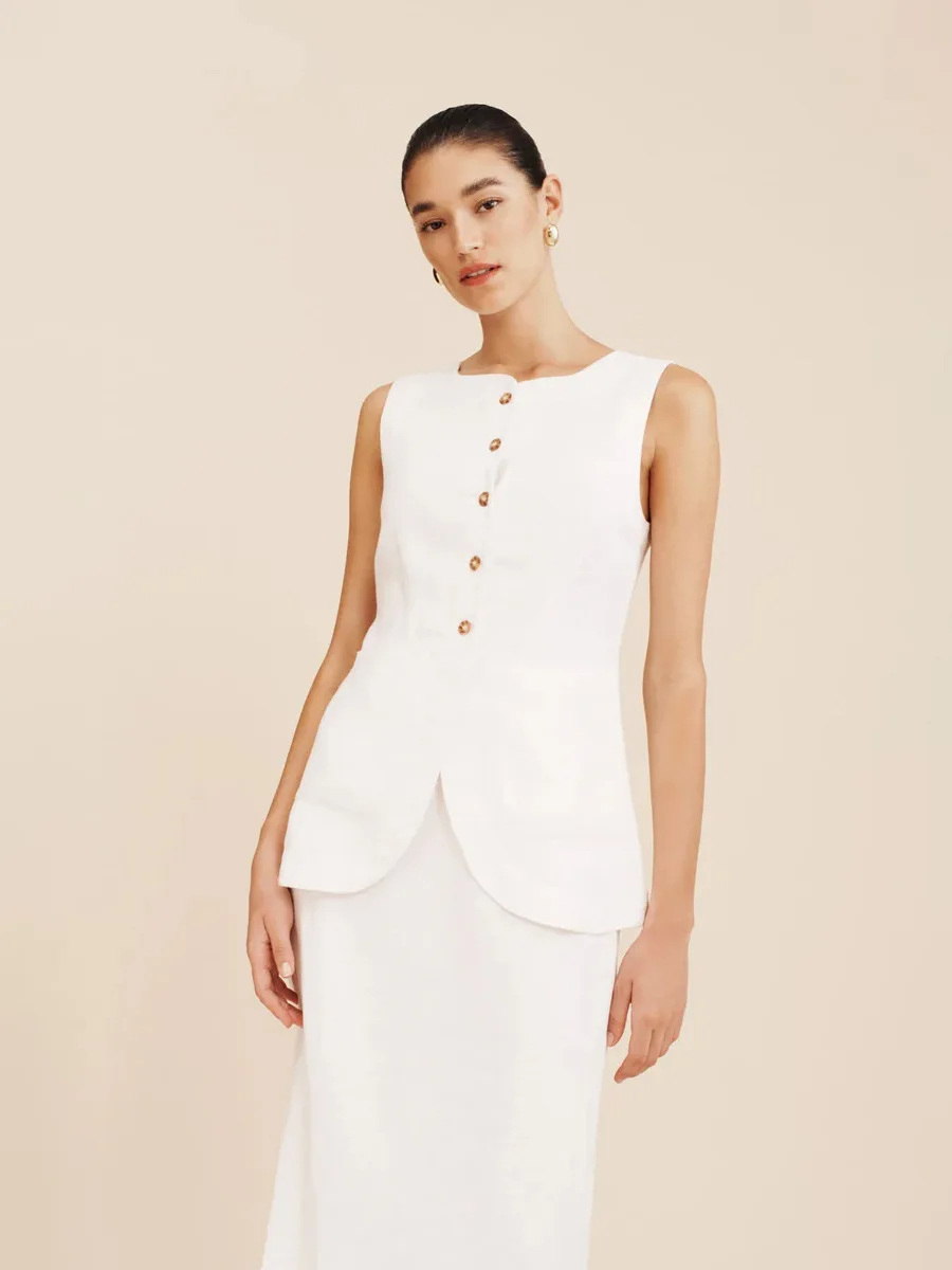 Bornladies Damen Ärmelloses Westen-Set mit Hochtailliertem Rock, Frühling-Sommer Neue Leinen-Freizeitkleidung, Modisches Büro-Damen-Westen-Set – Detail 16