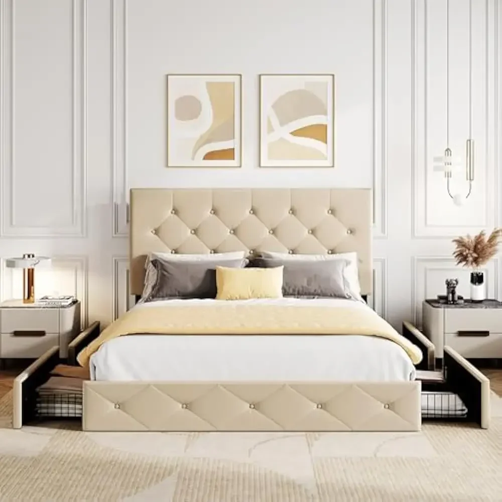 

Queen Size Bed Frame w/4 Storage Drawers, Adjustable Headboard with Diamond Stitched Button Tufted Design, No Box Spring Needed