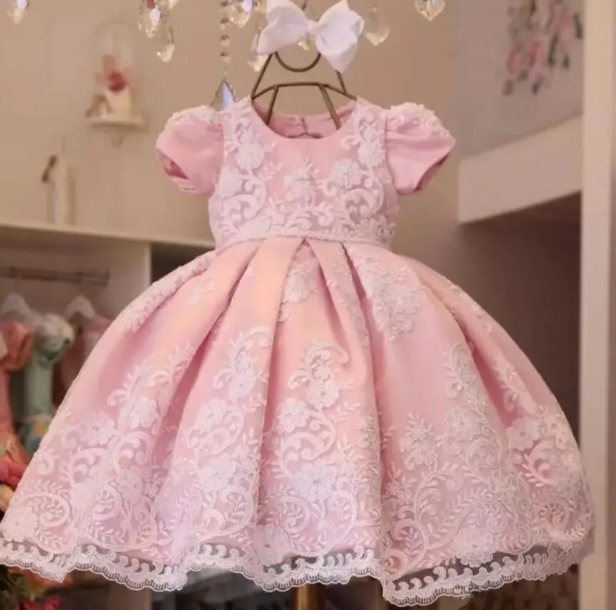 

Pink Lace Appliques Baby Girls Dresses Infant Girls First Birthday Gown Toddler Party Dress 9M-14Y